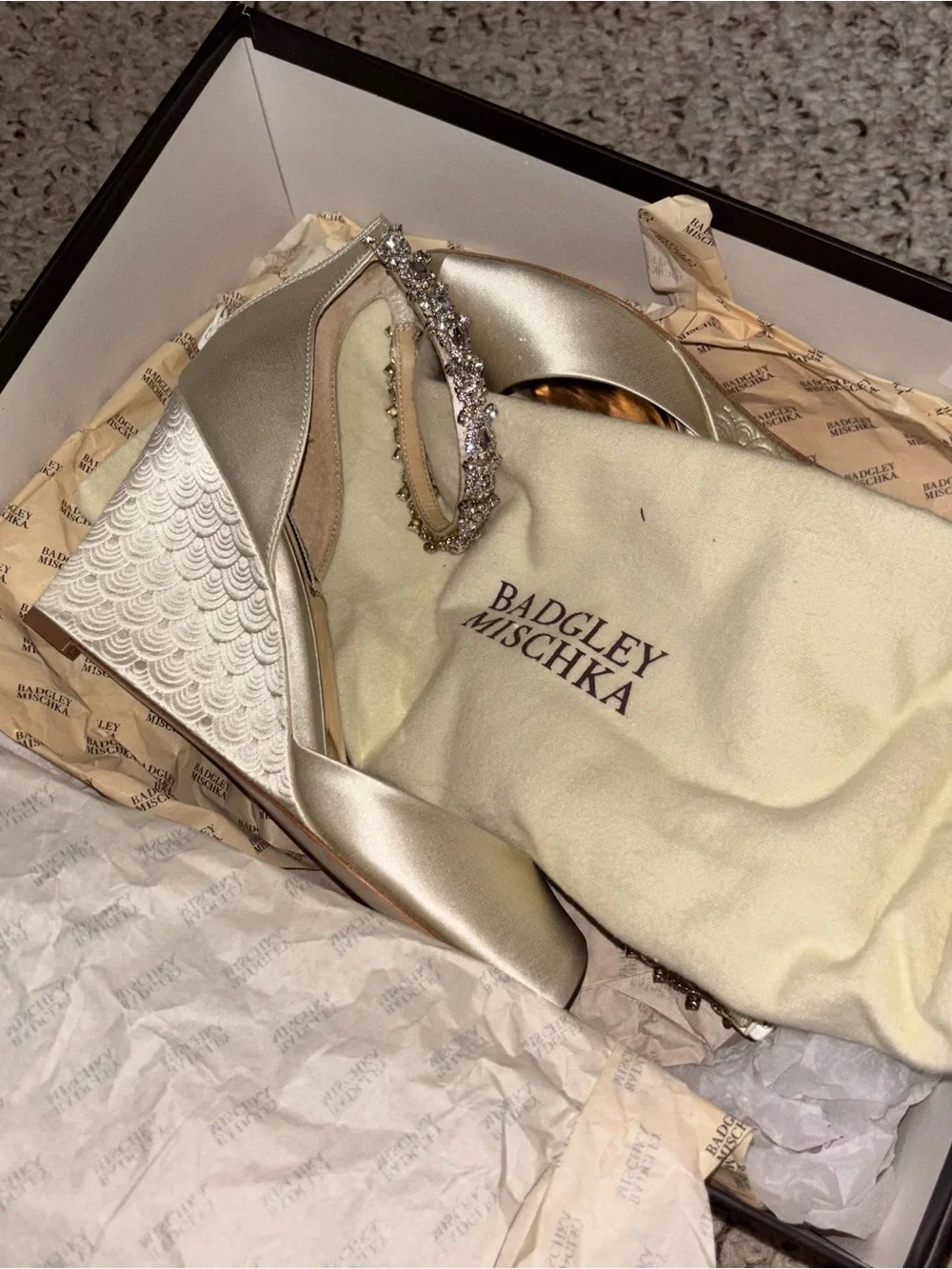 Badgley Mischka Champagne Satin Crystal Ankle-Strap Wedge Sandals